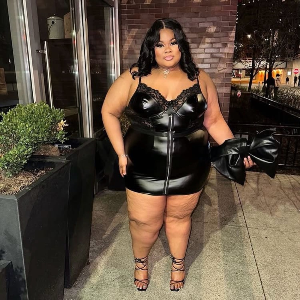 Black Faux Leather Mini Dress with Lace Trim